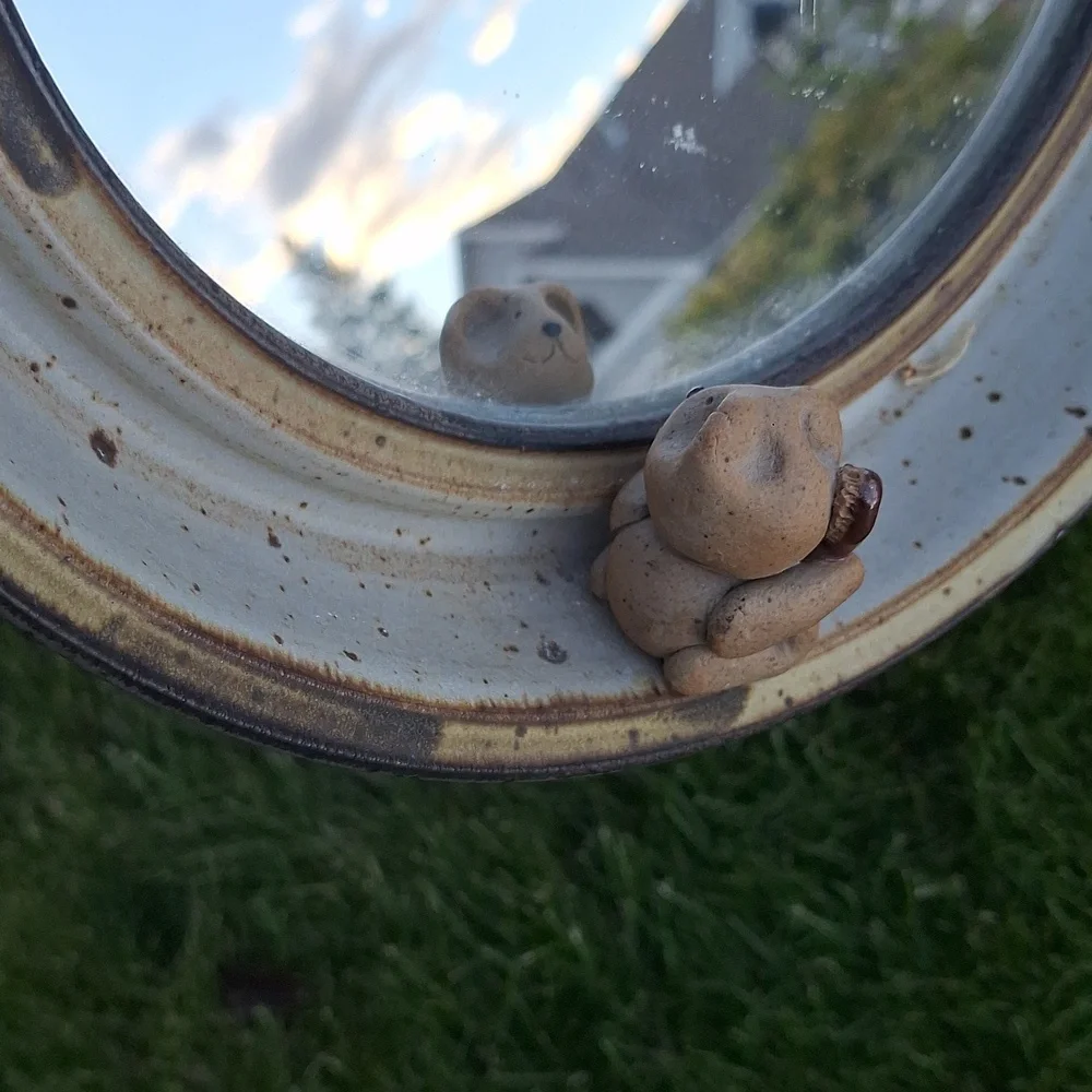 Vintage Stoneware Mirror with Peekaboo Bear Brushing Hair Figurine